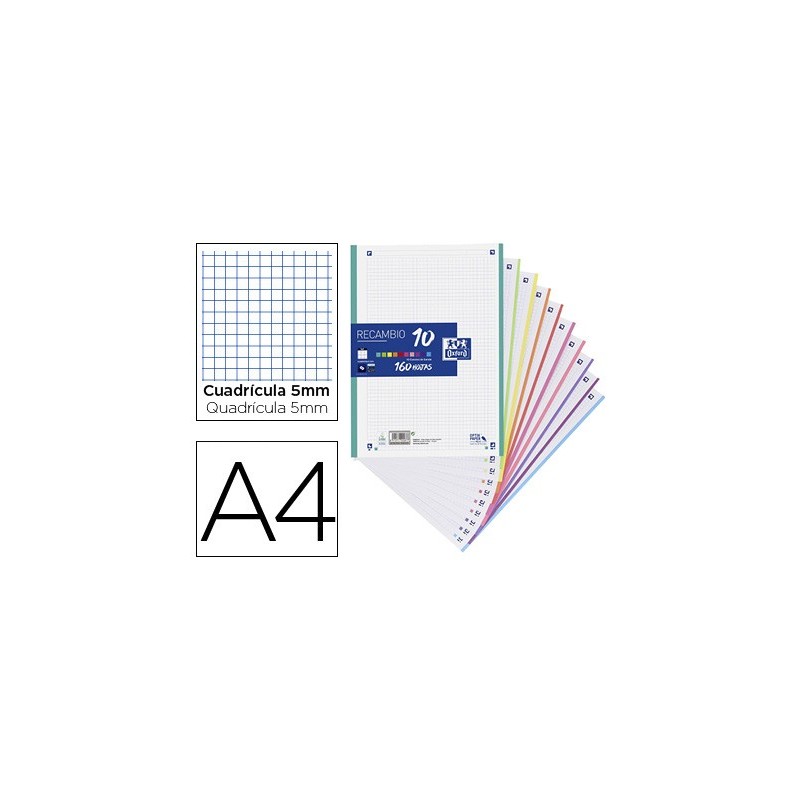 Recambio color oxford a4 160 hojas 90 gr optik paper cuadro 5 mm 4 taladros banda 10 colores