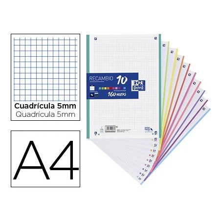 Recambio color oxford a4 160 hojas 90 gr optik paper cuadro 5 mm 4 taladros banda 10 colores
