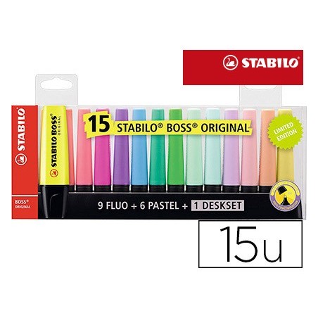 Rotulador stabilo boss fluorescente 70 blister de 15 unidades colores surtidos