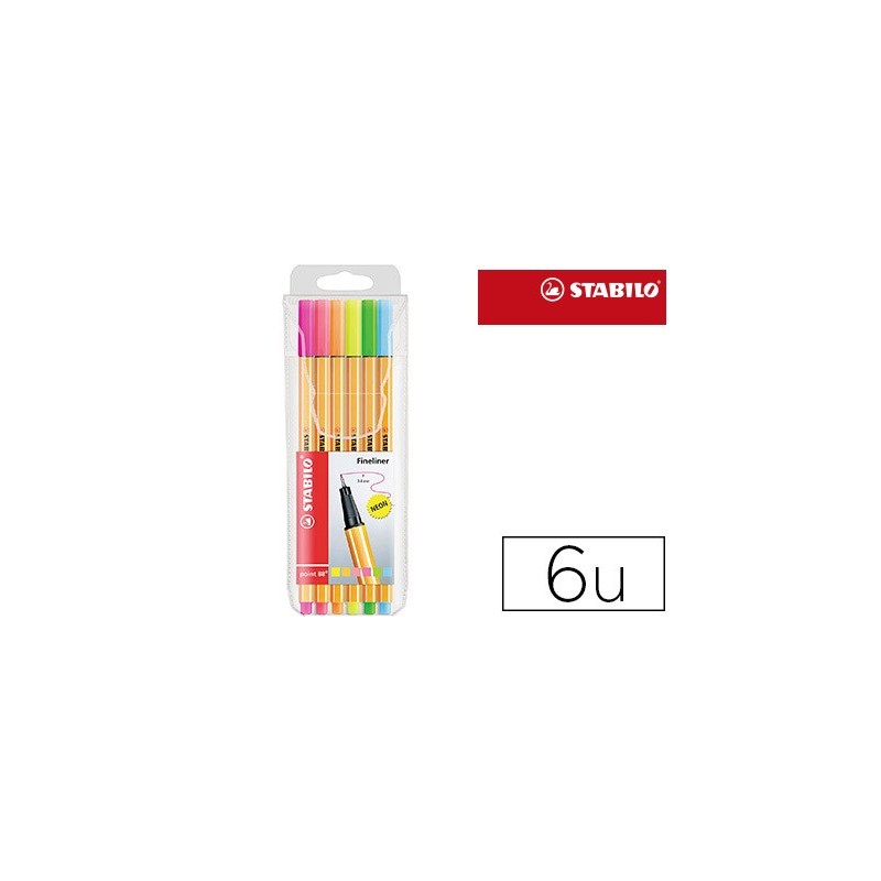 Rotulador stabilo punta de fibra point 88 blister 6 colores surtidos neon