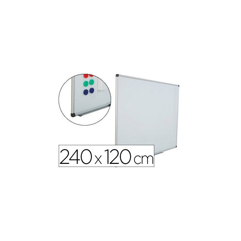 Pizarra blanca rocada acero vitrificado magnetico marco aluminio y cantoneras pvc 240x120 cm incluye bandeja