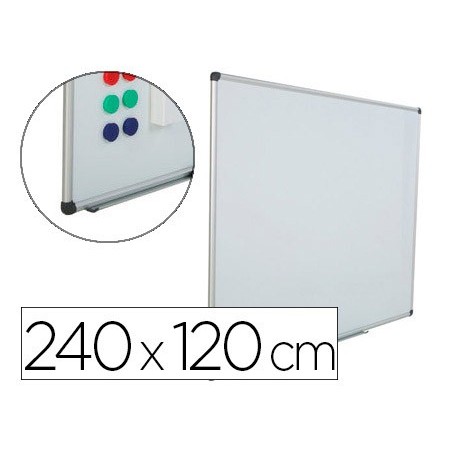 Pizarra blanca rocada acero vitrificado magnetico marco aluminio y cantoneras pvc 240x120 cm incluye bandeja