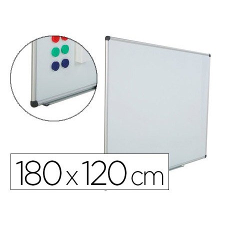 Pizarra blanca rocada acero vitrificado magnetico marco aluminio y cantoneras pvc 180x120 cm incluye bandeja
