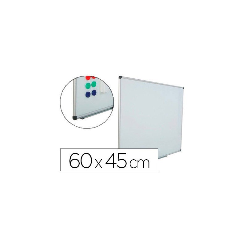 Pizarra blanca rocada acero vitrificado magnetico marco aluminio y cantoneras pvc 60x45 cm incluye bandeja para