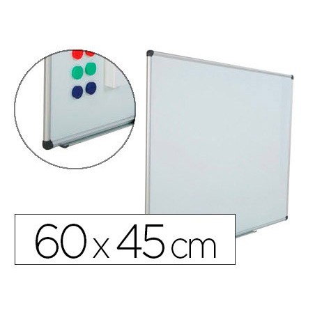 Pizarra blanca rocada acero vitrificado magnetico marco aluminio y cantoneras pvc 60x45 cm incluye bandeja para