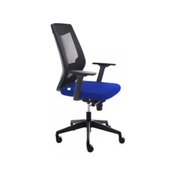 Silla rocada de oficina con brazos tapizada en tela ignifuga azul y respaldo en polimero negro