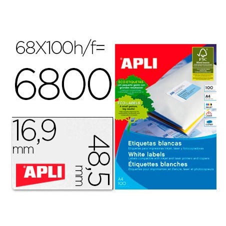 Etiquetas adhesivas apli 01282 tamaño 48,5x16,9 mm para fotocopiadora laser ink-jet caja de 100h dina4 6800 etiqu