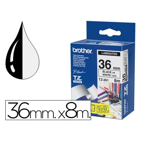 Cinta brother tze261 blanco-negro 36mm longitud 8 mt