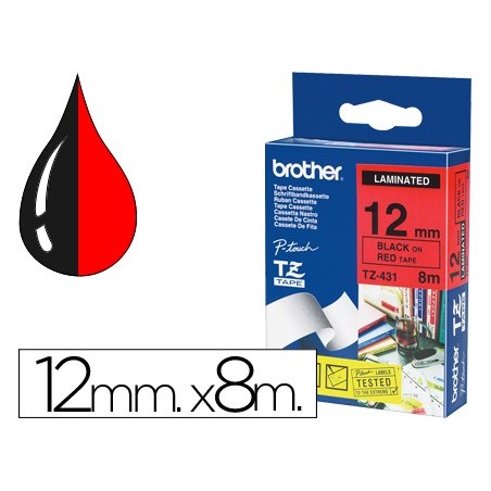 Cinta brother tze431 laminada negro-rojo 12mm x 8mts