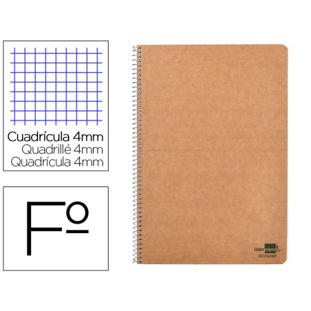 Cuaderno espiral liderpapel din a4 ecouse tapa cartulina kraft 80h papel reciclado 80 gr cuadro 4 mm con margen