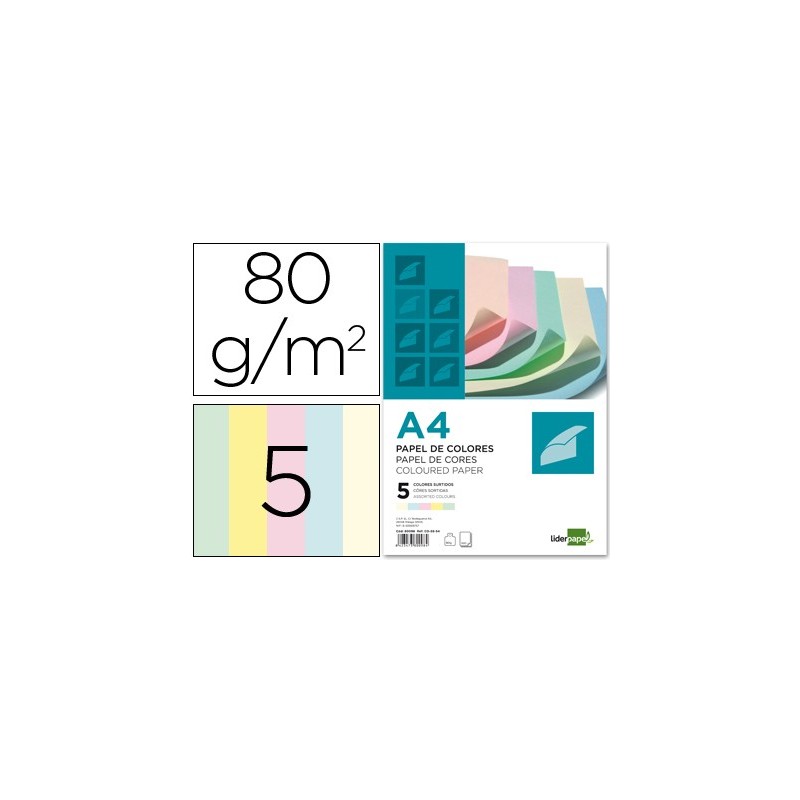 Papel color liderpapel a4 80gr 5 colores surtidos paquete de 500 hojas