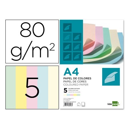 Papel color liderpapel a4 80gr 5 colores surtidos paquete de 500 hojas