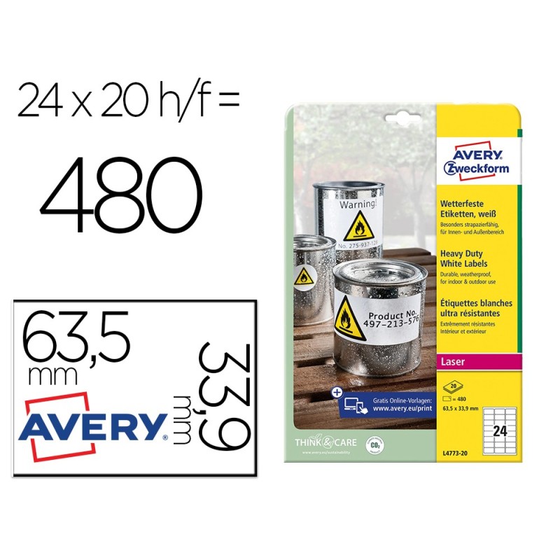 Etiqueta adhesiva resistente avery poliester blanco 3,9 mm 63,5x33,9 mm laser pack de 480unidades Etiqueta adhesiva resistente avery poliester blanco 3,9 mm 63,5x33,9 mm laser pack de 480unidades
