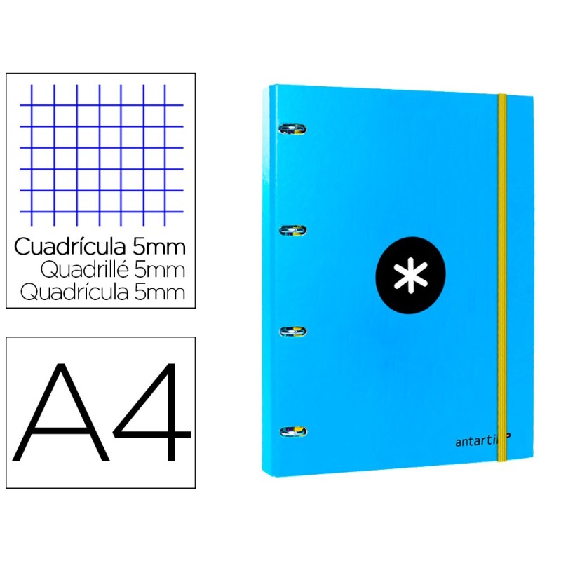 Carpeta con recambio antartik a4 cuadro 5mm forrada 4 anillas 25mm redondas color azul Carpeta con recambio antartik a4 cuadro 5mm forrada 4 anillas 25mm redondas color azul