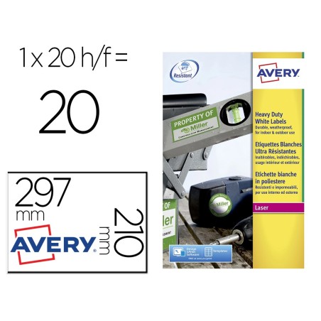 Etiqueta adhesiva resistente avery poliester blanca 210x297 mm laser pack de 20 unidades