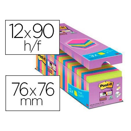 Bloc de notas adhesiva quita y pon post-it super sticky 76x76 mm 90 hojas colores surtidos pack de 21  3