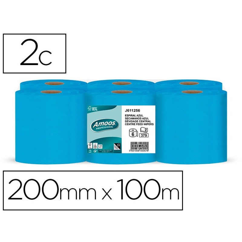 Papel secamanos amoos 2 capas professional 200 mm x 125 mt color azul paquete de 6 rollos