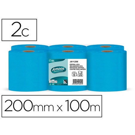 Papel secamanos amoos 2 capas professional 200 mm x 125 mt color azul paquete de 6 rollos
