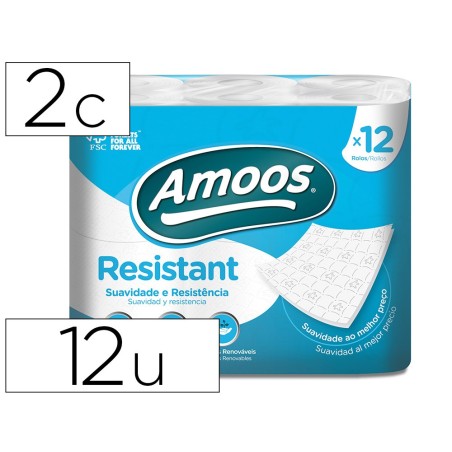 Papel higienico amoos 2 capas 100 mm diametro x 87 mm alto paquete de 12 rollos