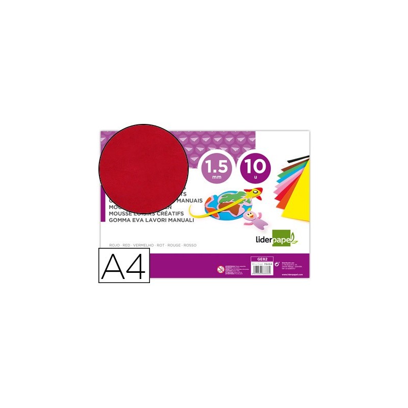 Goma eva liderpapel din a4 60g/m2 espesor 1,5mm rojo paquete de 10 hojas