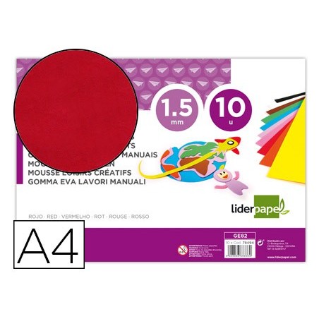 Goma eva liderpapel din a4 60g/m2 espesor 1,5mm rojo paquete de 10 hojas
