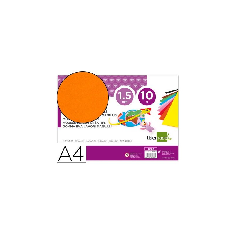 Goma eva liderpapel din a4 60g/m2 espesor 1,5mm naranja paquete de 10 hojas