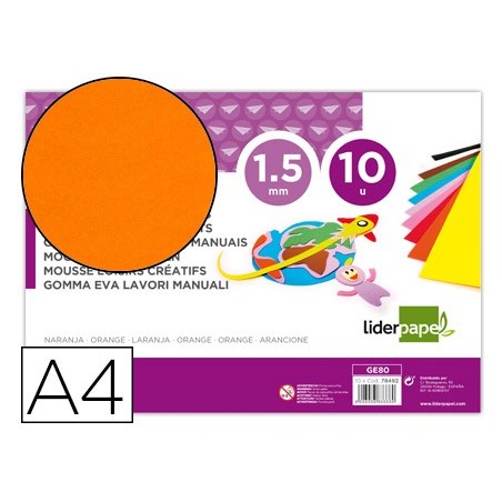 Goma eva liderpapel din a4 60g/m2 espesor 1,5mm naranja paquete de 10 hojas