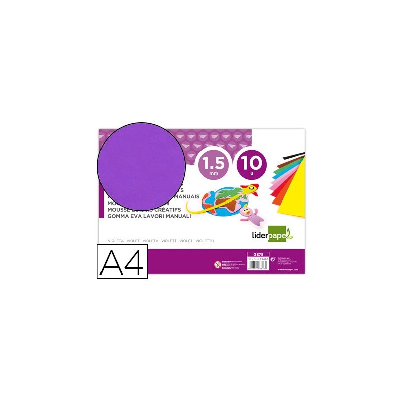 Goma eva liderpapel din a4 60g/m2 espesor 1,5mm violeta paquete de 10 hojas