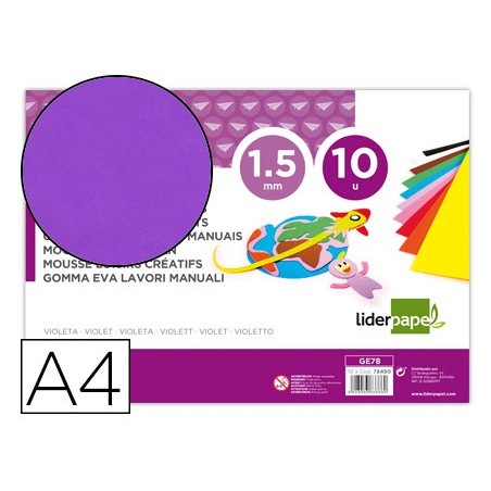Goma eva liderpapel din a4 60g/m2 espesor 1,5mm violeta paquete de 10 hojas