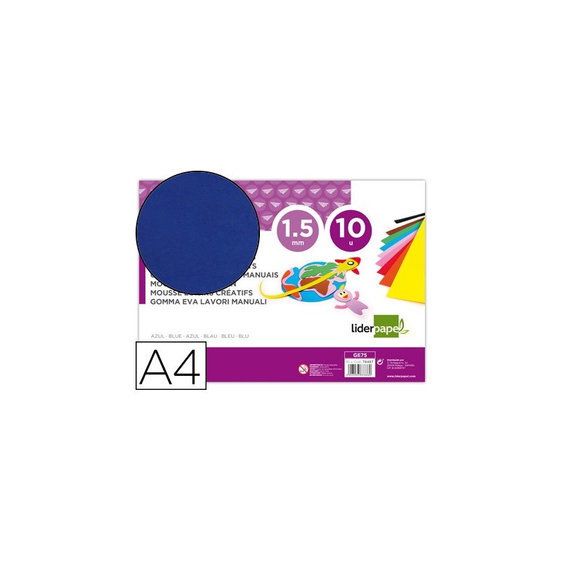Goma eva liderpapel din a4 60g/m2 espesor 1,5mm azul paquete de 10 hojas