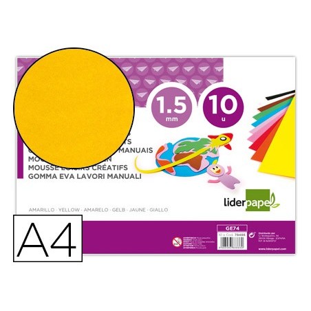 Goma eva liderpapel din a4 60g/m2 espesor 1,5mm amarillo paquete de 10 hojas