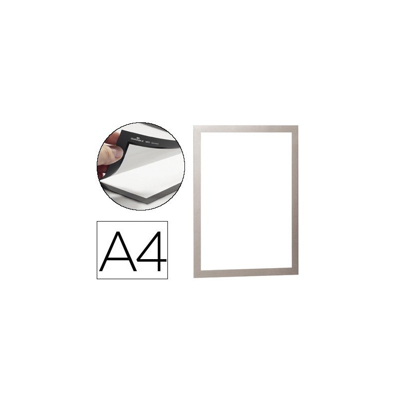 Marco porta anuncios durable magnetico din a4 dorso adhesivo removible color plata pack de 2 unidades