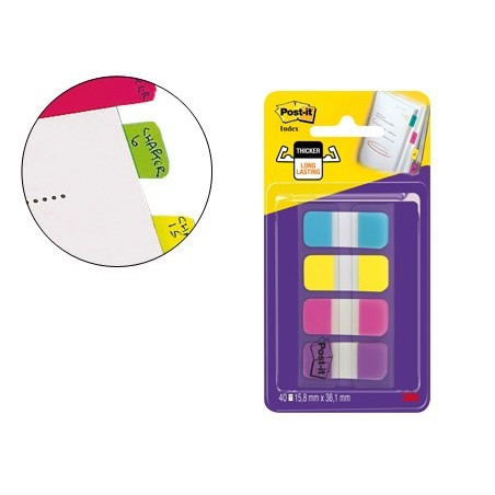 Banderitas separadoras rigidas dispensador 4 colores amarillo azul rosa y violeta post-it index 676-aypv-eu