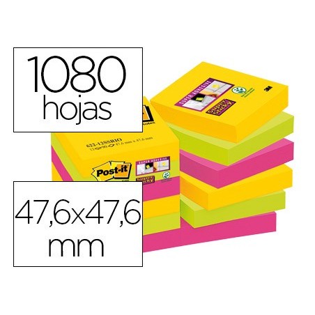 Bloc de notas adhesivas quita y pon post-it super sticky 47,6x47,6 mm con 90 hojas pack de 12 bloc colores