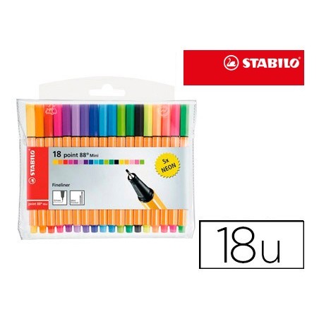 Rotulador stabilo punta de fibra point 88 mini estuche de 18 unidades colores surtidos