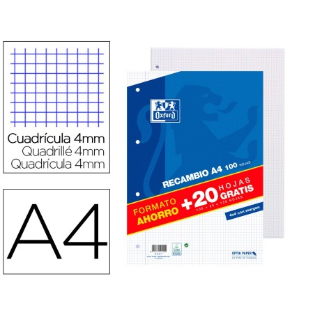 Recambio oxford a4 100  20 hojas gratis 90 gr cuadro 4mm 4 taladros
