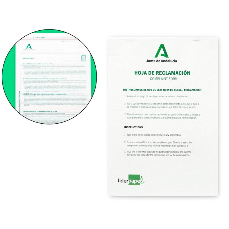Libro liderpapel hojas de reclamaciones junta de andalucia din a4 25 juegos original  2 copias