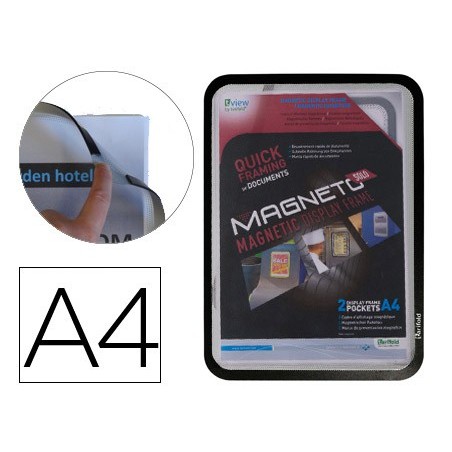Marco porta anuncios tarifold magneto din a4 con 4 bandas magneticas en el dorso color negro pack de 2 unidades