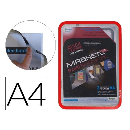 Marco porta anuncios tarifold magneto din a4 con 4 bandas magneticas en el dorso color rojo pack de 2 unidades