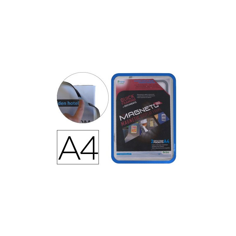 Marco porta anuncios tarifold magneto din a4 con 4 bandas magneticas en el dorso color azul pack de 2 unidades