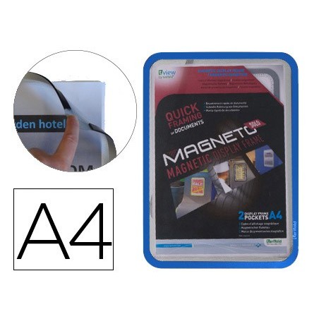 Marco porta anuncios tarifold magneto din a4 con 4 bandas magneticas en el dorso color azul pack de 2 unidades