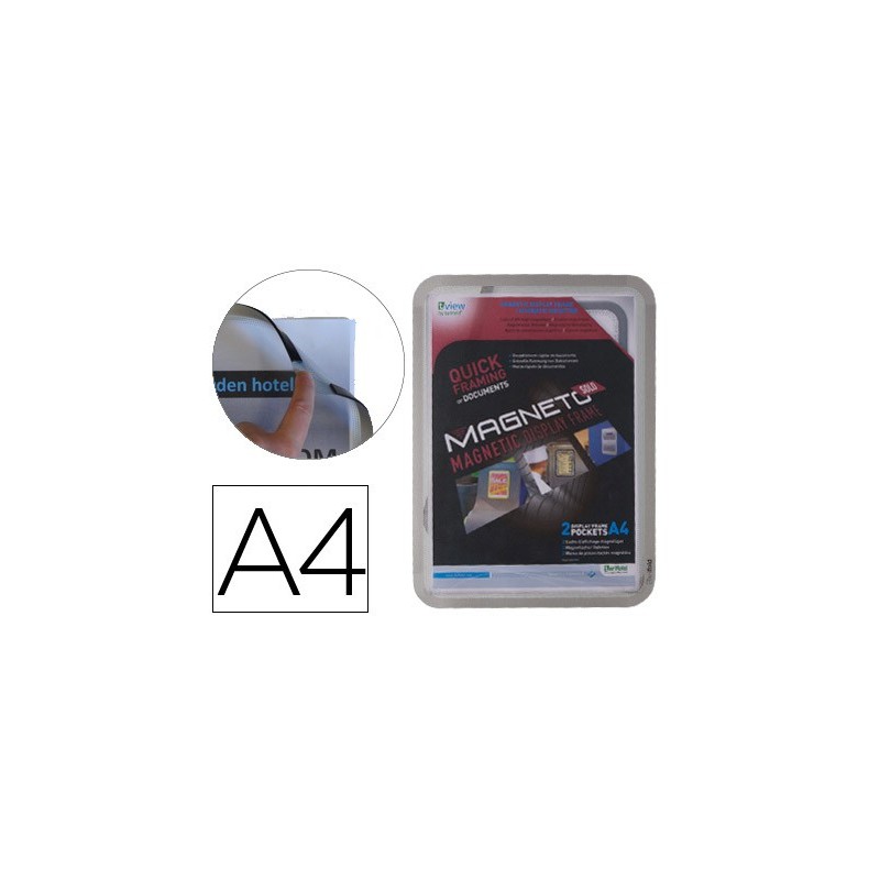 Marco porta anuncios tarifold magneto din a4 con 4 bandas magneticas en el dorso color plata pack de 2 unidades