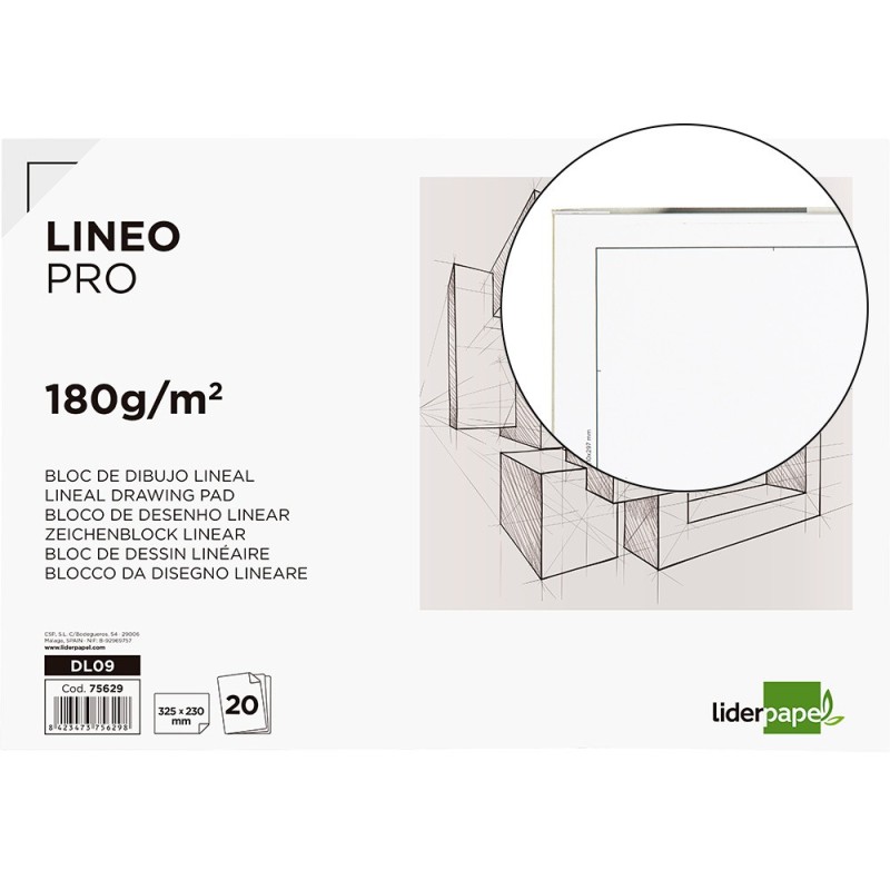 Bloc dibujo liderpapel lineal encolado 230x325mm 20 hojas 180 gr/m2 con recuadro