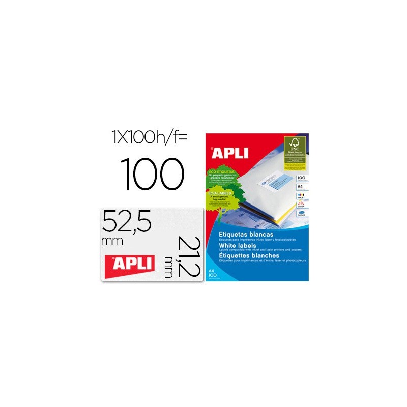Etiqueta adhesiva apli 1284 tamaño 52,5 x 21,2 mm para fotocopiadora laser ink-jet caja con 100 hojas din a4