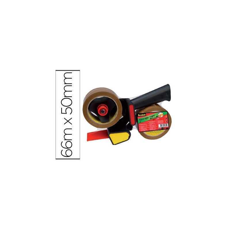 Portarrollo scotch para embalaje heavy duty bajo ruido con 2 rollos de cintas marron 50mm x 66mt