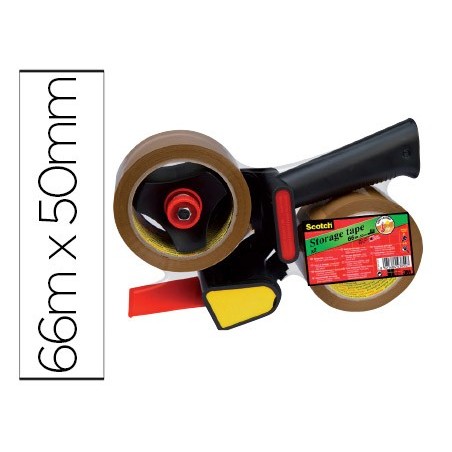 Portarrollo scotch para embalaje heavy duty bajo ruido con 2 rollos de cintas marron 50mm x 66mt
