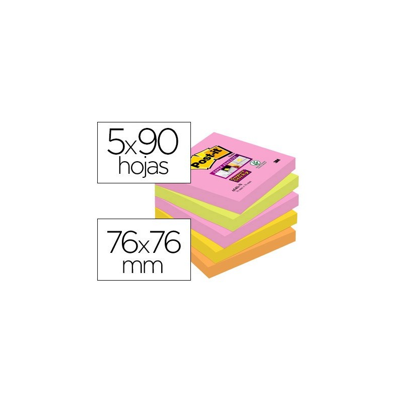 Bloc de notas adhesivas quita y pon post-it super sticky 76x76 mm con 90 hojas pack de 5 bloc colores surtidos