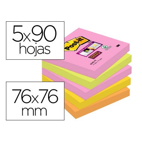 Bloc de notas adhesivas quita y pon post-it super sticky 76x76 mm con 90 hojas pack de 5 bloc colores surtidos
