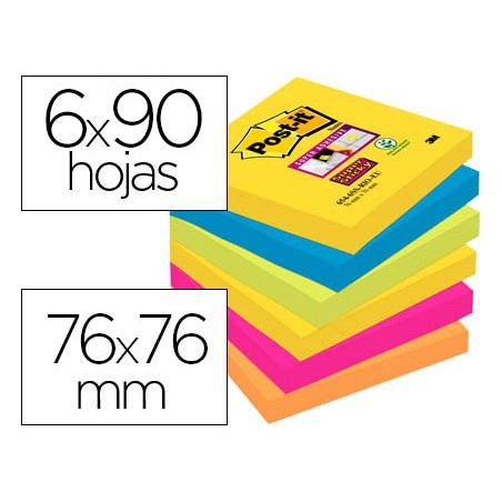 Bloc de notas adhesivas quita y pon post-it super sticky 76x76 mm con 90 hojas pack de 6 bloc colores surtidos