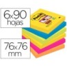 Bloc de notas adhesivas quita y pon post-it super sticky 76x76 mm con 90 hojas pack de 6 bloc colores surtidos